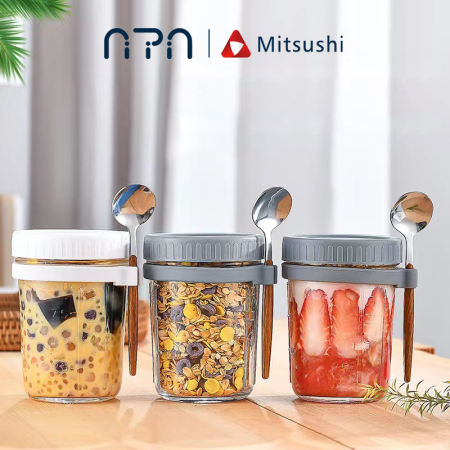 Nipiin Glass Oatmeal Jars with Lid and Spoon