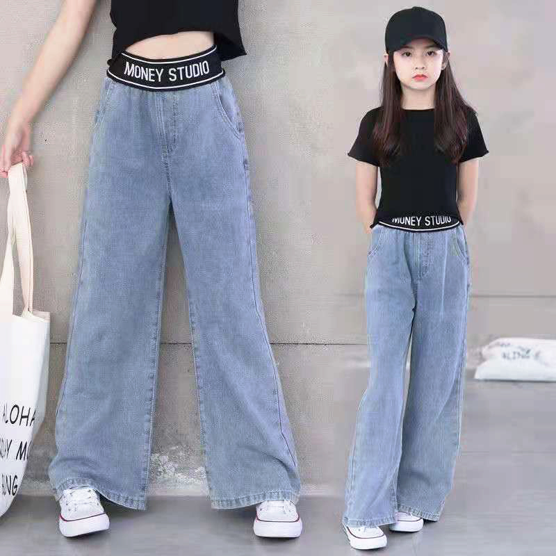 Girls Denim Wide Leg Pants Korean Jeans for Kids Girls Version