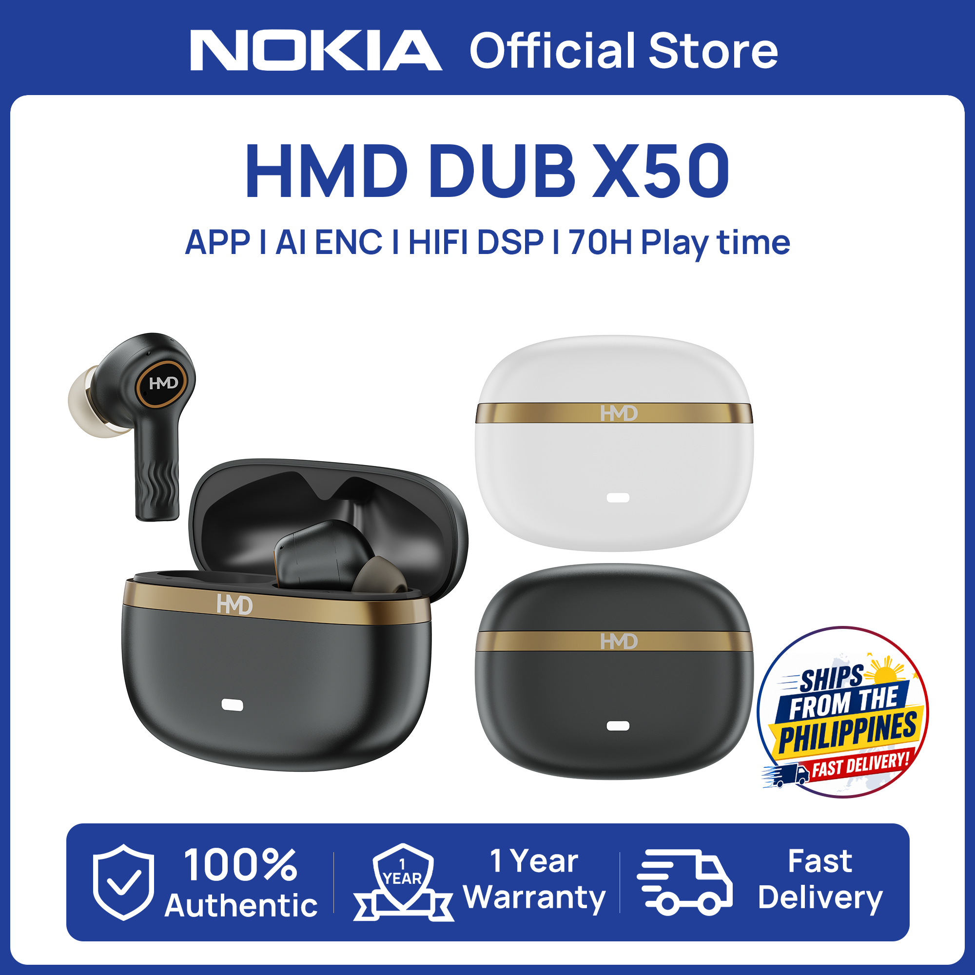 【HIFI DSP】HMD DUB X50 ENC TWS Earbuds 70H Play Time for Android/iOS AI ENC Siri&Google Voice Assistant Low Latency Original Brand New makers of Nokia