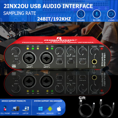 Audio Interface Stereo/Mono Usb Recording Sound Card 24Bit/192kHz Used for Pc With XlR / 1/4 Inch Jack 2 Channel Audio Interface for Electric Guitar +48V Phantom Power Podcasting and Streaming Plug and Play