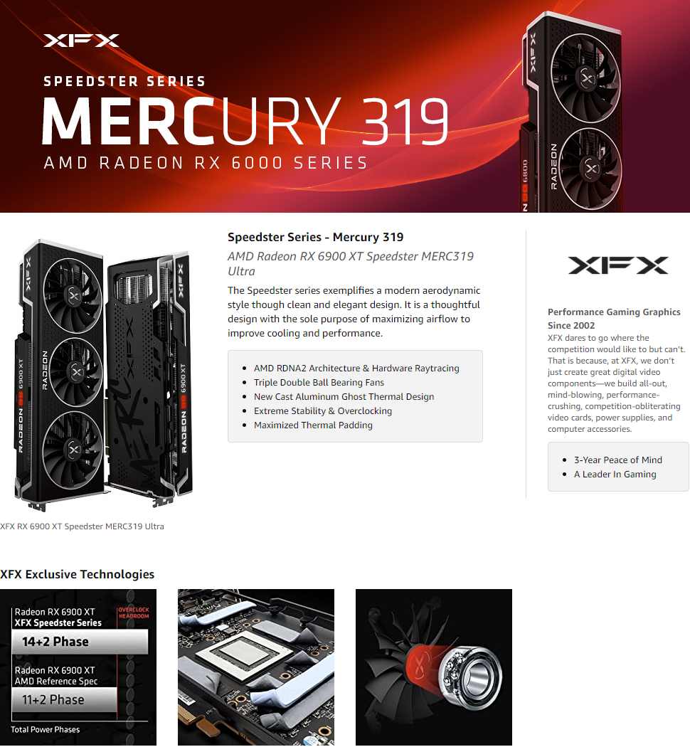 XFX Speedster MERC319 AMD Radeon RX 6900 XT ULTRA Gaming Graphics Card with 16GB GDDR6, HDMI 2,1, 2 x DP, USB-C, AMD RDNA 2 MERC 319 (RX-69XTACUD9)