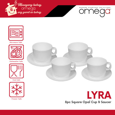 Omega Houseware Lyra 8pc Square Opal Cups & Saucers Set