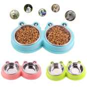 HTF.Frog Design Dog Stainless Bowl 2 in 1 Double Diners Dog Cat Feeder Water Food Double Bowls