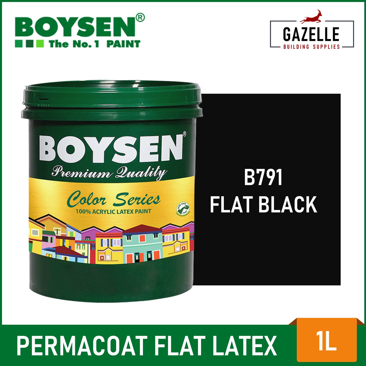 Boysen Color Series Permacoat Flat Latex Flat Black B791 Acrylic Latex  Paint - 1L / 4L