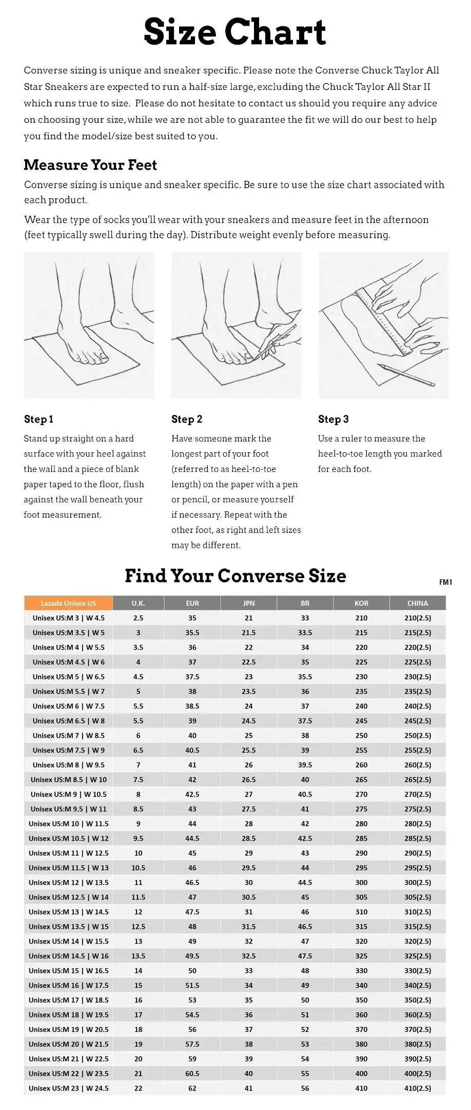 size chart sepatu converse original
