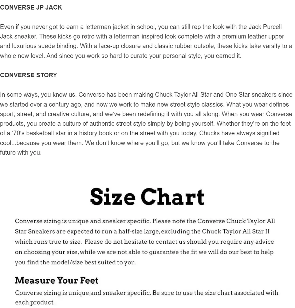 converse jack purcell size chart