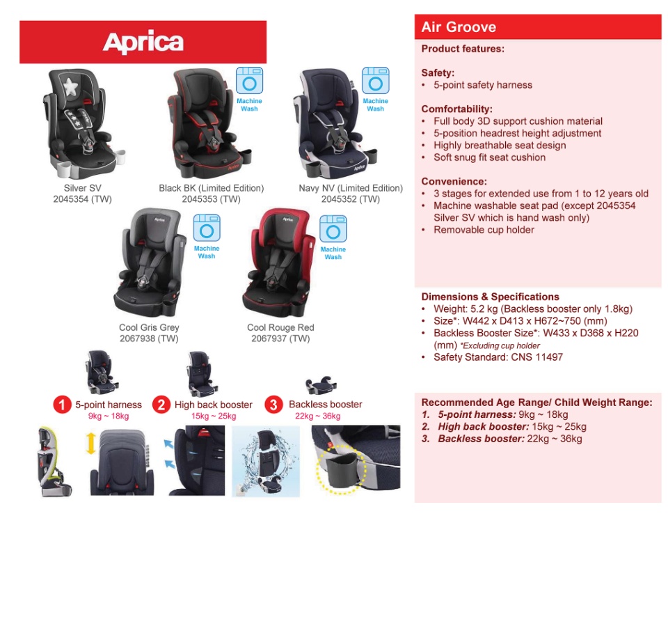 Aprica Air Groove 7m-11y Toddler Car Seat [with ICC sticker