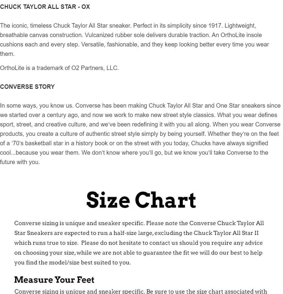 converse size chart all star