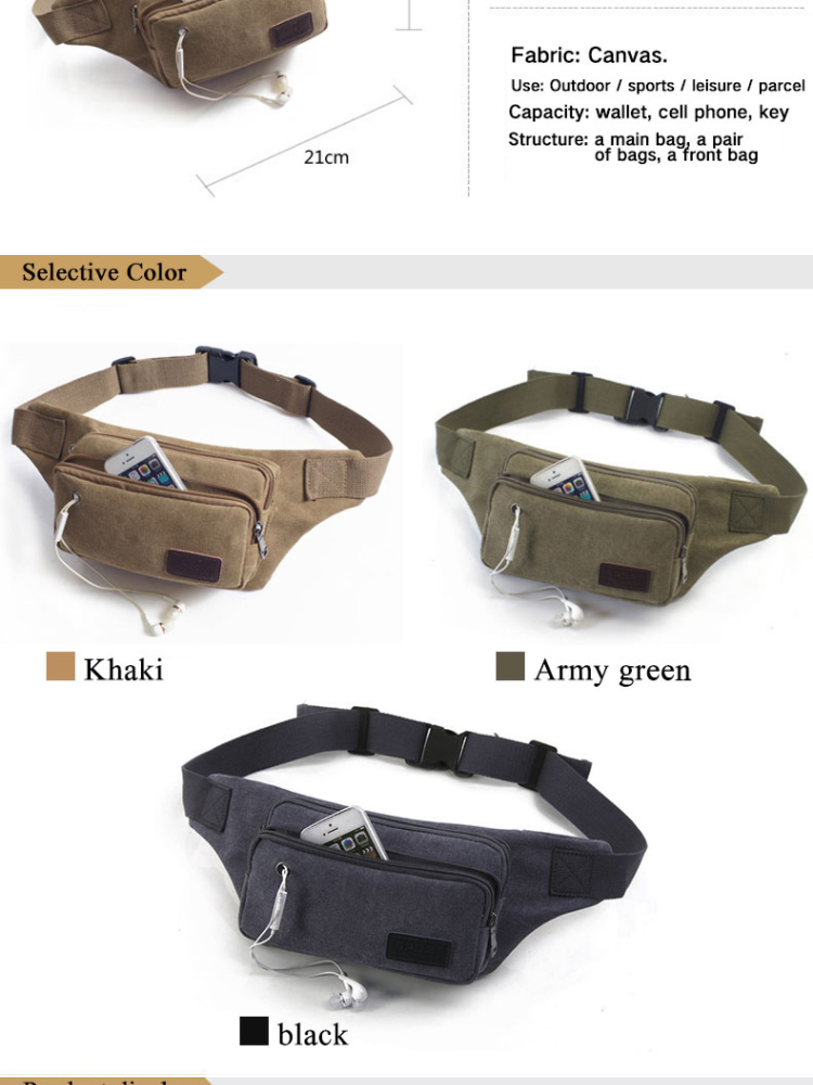 Canvas Men Small Waist Bag Outdoor Sport Travel Bag Money Belt Zip Pouch Wallet