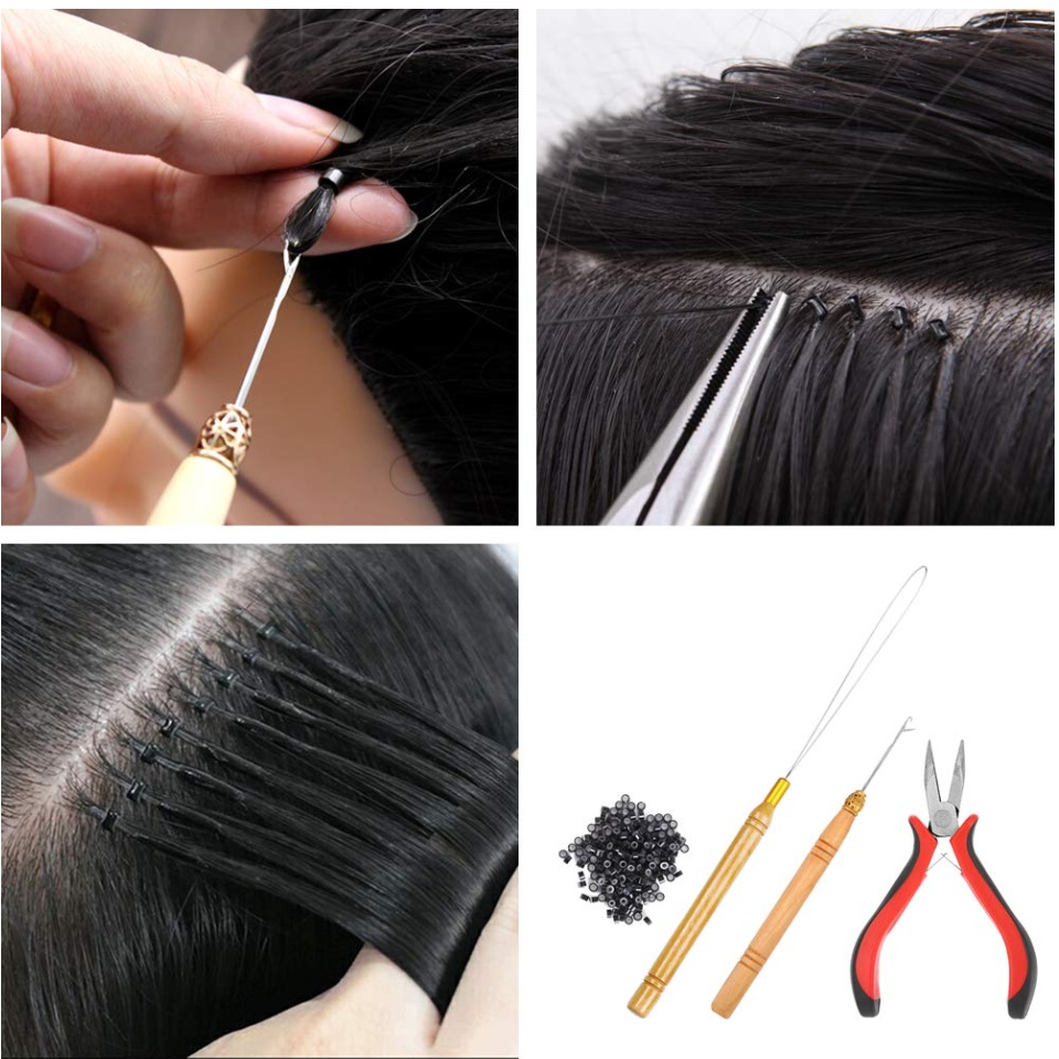 16 Pcs Hair Extension Tool Kit Remove Pliers 2500 Micro Silicone Rings Bead Pulling Hook Needle Loop Needle Threader 2 Combs 500 Black Mini Rubber Ba