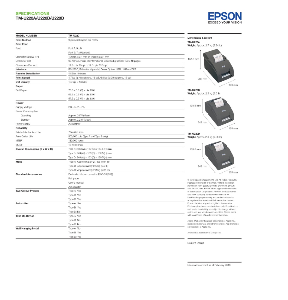 Epson TMU220D TMU220PD TM-U220PD TM-U220D U220D 220D U220PD 220PD POS  Impact Receipt Printer USB or Parallel or Serial interface without Auto  Cutter Brand New Model M188D | Lazada PH