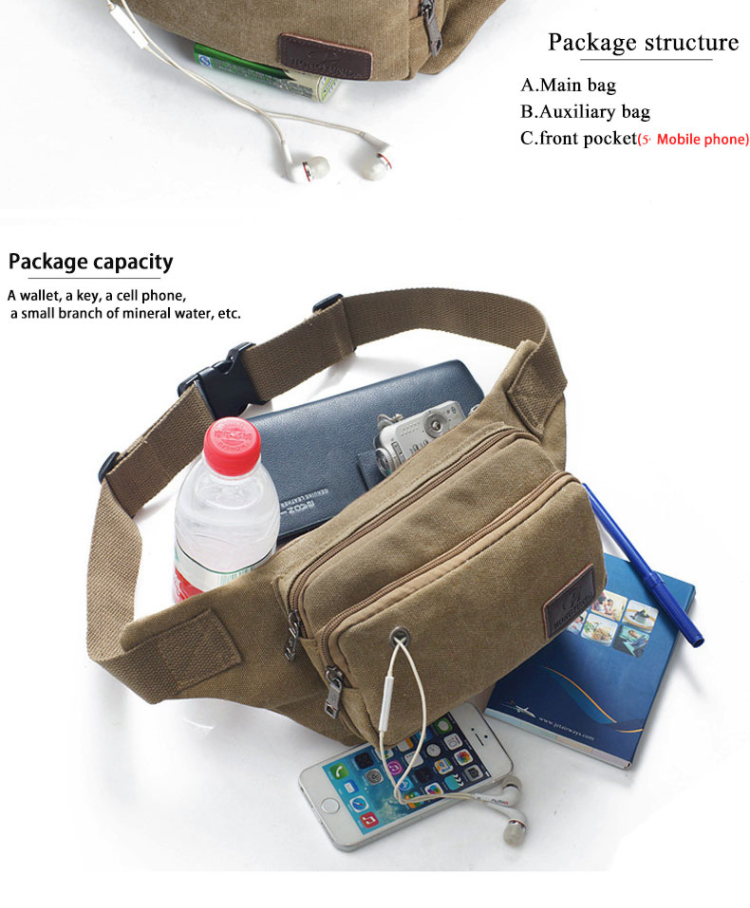 Canvas Men Small Waist Bag Outdoor Sport Travel Bag Money Belt Zip Pouch Wallet