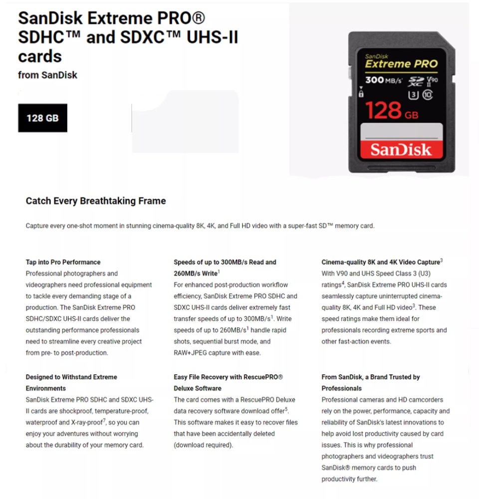  SanDisk 128GB Extreme PRO SDXC UHS-II Memory Card - C10, U3,  V90, 8K, 4K, Full HD Video, SD Card - SDSDXDK-128G-GN4IN : Electronics