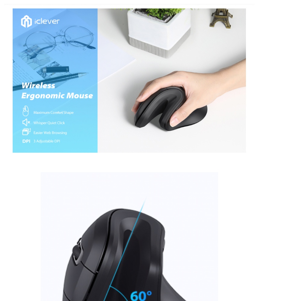 iClever Ergonomic Mouse - Wireless Vertical Mouse 6 Buttons with Adjustable  DPI Comfortable 2.4G Optical Vertical Ergonomic Mous