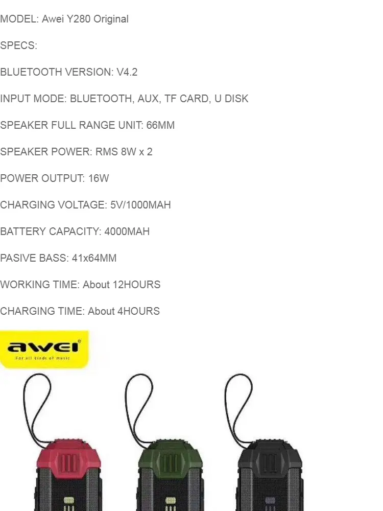 awei y280 charging time
