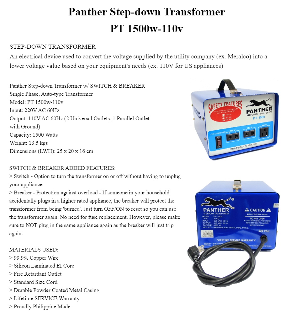 125W-110V: Panther Step Down Transformer 125W, Output 110V - Extension Cord,  Transformer, AVR Supplier: Panther Products Philippines